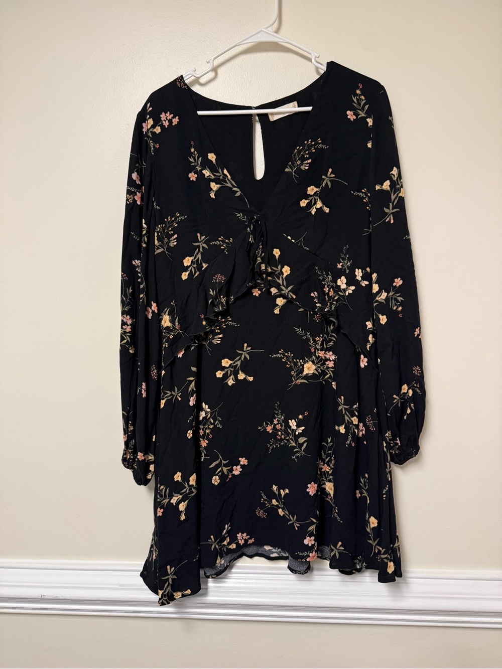 Altar'd State Black Floral Ruffle V-Neck Long Sleeve Dress